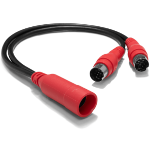 Red Y-splitter cable with circular connectors.