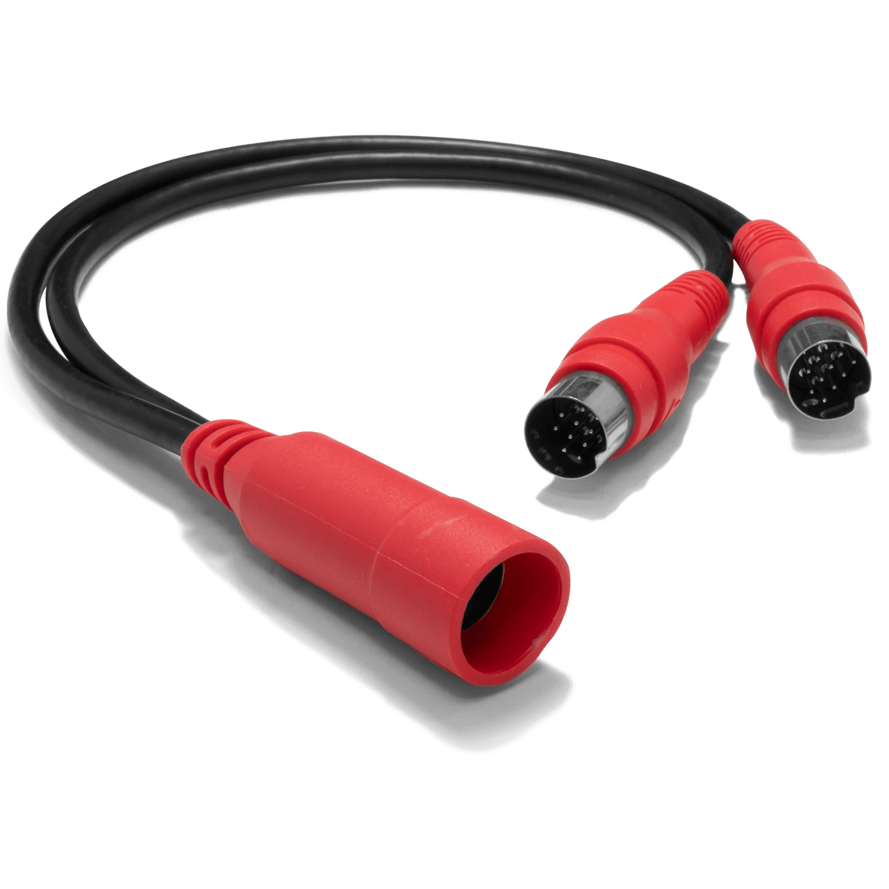 Red Y-splitter cable with circular connectors.