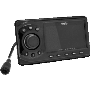 Marine audio control panel with microphone.