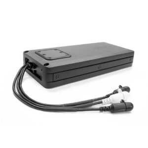 Black rectangular device with multiple connected cables.