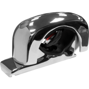 Chrome-plated stapler against black background.