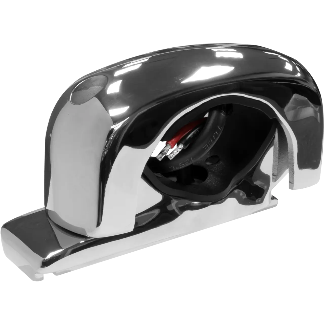 Chrome-plated stapler against black background.