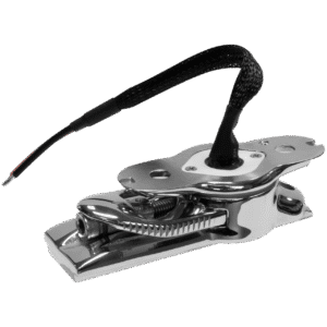 Chrome boat latch with black wiring.