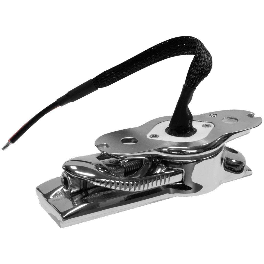 Chrome boat latch with black wiring.