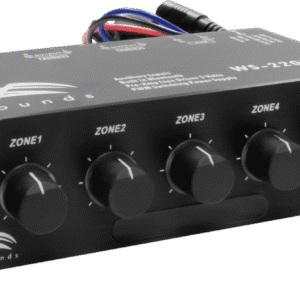 Audio mixer with multiple control knobs.