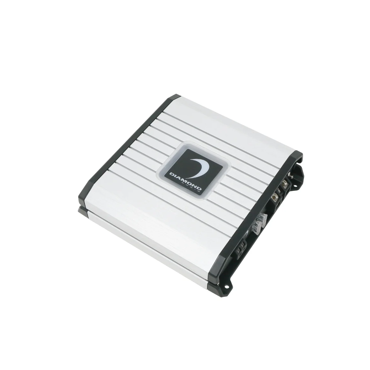 Compact car audio amplifier, white and black.