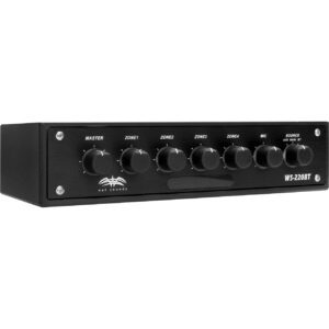 Audio control panel with multiple knobs.