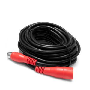 Coiled black cable with red connectors.