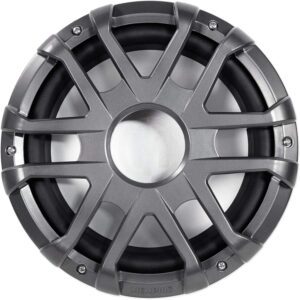 Silver car subwoofer with protective grille.