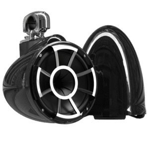 Chrome and black speaker on black background.