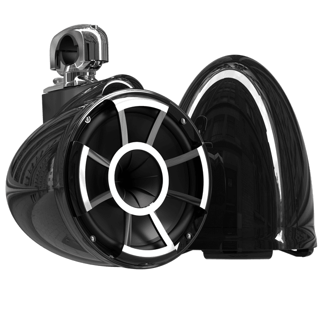 Chrome and black speaker on black background.