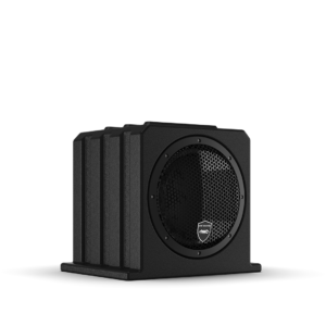Black subwoofer speaker on a black background.