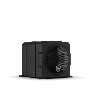 Black subwoofer speaker on black background.