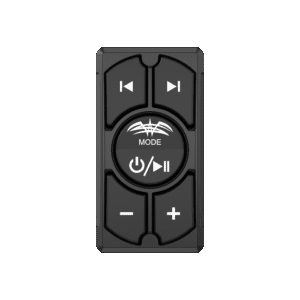 Black audio remote control with playback buttons.