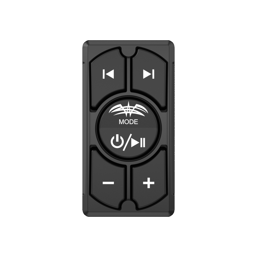 Black audio remote control with playback buttons.