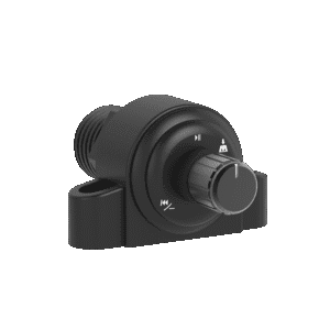 Black audio control knob with symbols.