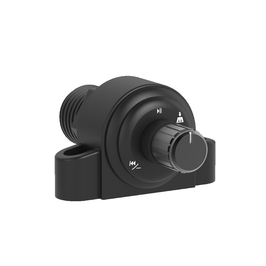 Black audio control knob with symbols.