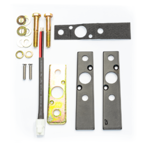 Hardware components and connectors on white background.