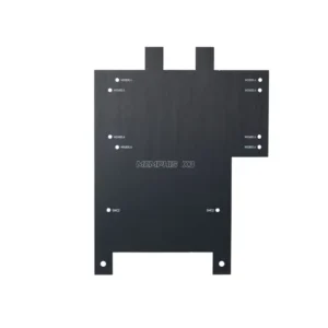 Black metal mounting plate with labeled holes.