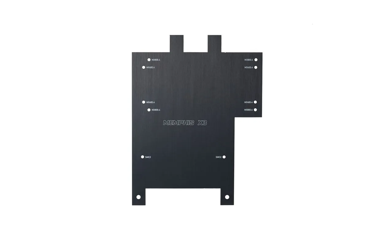 Black metal mounting plate with labeled holes.