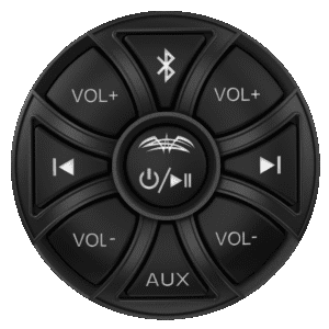 Round audio control panel with multiple buttons.