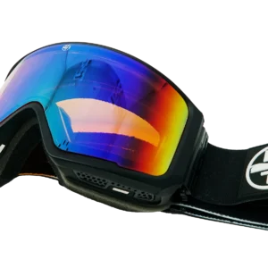 Colorful ski goggles with reflective lenses.