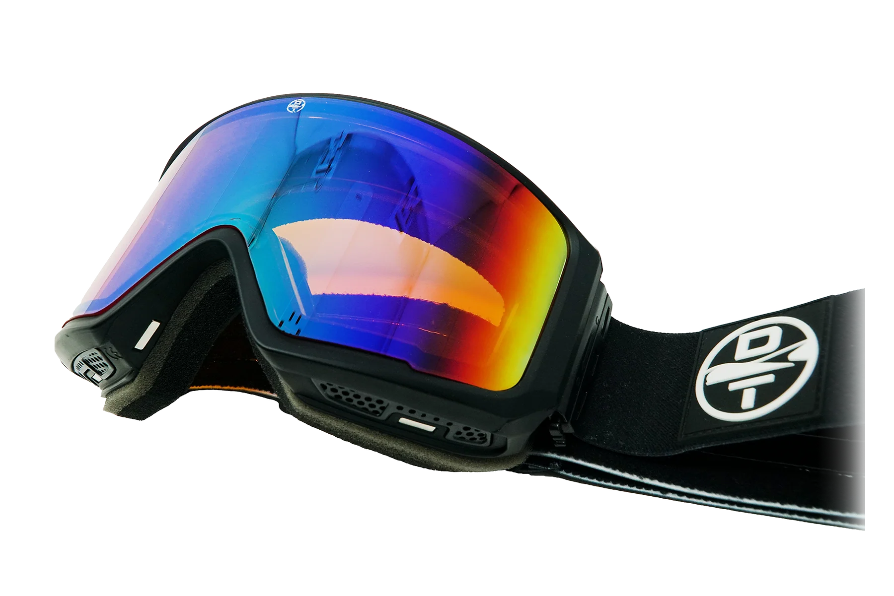 Colorful ski goggles with reflective lenses.