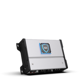 Car audio amplifier with illuminated logo.