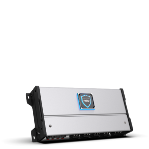 Silver car amplifier with black accents.