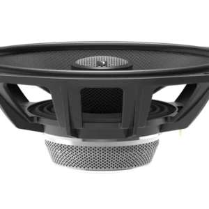 Black car audio speaker on black background.