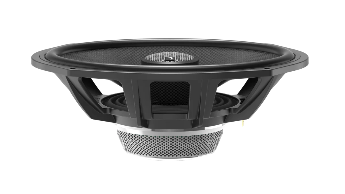 Black car audio speaker on black background.