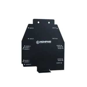 Black Memphis branded metal plate with labels.