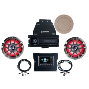 Audio system components with red-lit speakers.