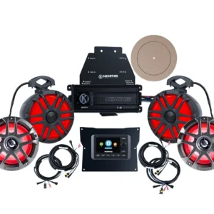 Marine stereo system with red LED speakers.
