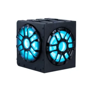 Black cube with glowing blue fans.