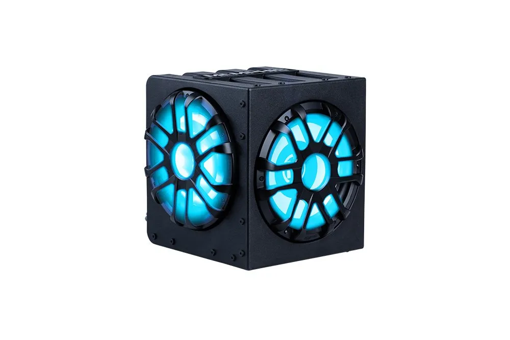 Black cube with glowing blue fans.