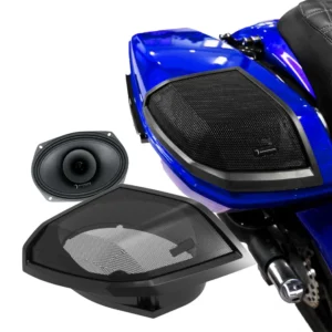 Motorcycle with speaker and speaker cover.