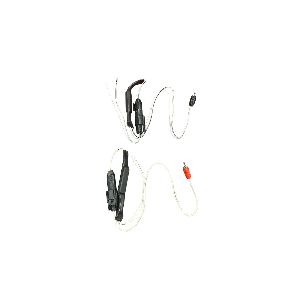 Audio cables with connectors on white background.