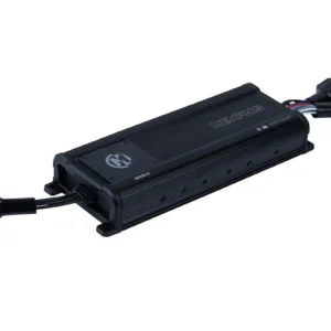 Black electronic device with multiple connectors attached.