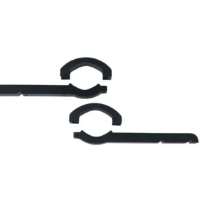 Black plastic bracket parts on white background.