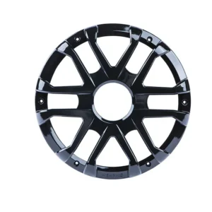 Black wheel cover with geometric design.