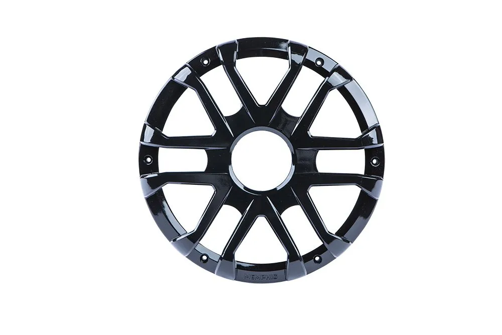 Black wheel cover with geometric design.