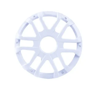 White plastic wheel cover with geometric design.