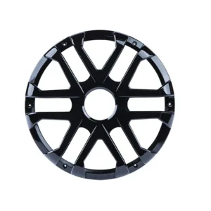 Black wheel hubcap with geometric design.