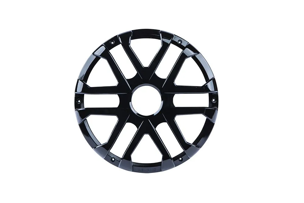 Black wheel hubcap with geometric design.