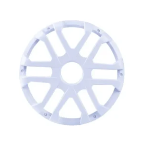 White plastic wheel hubcap with geometric design.