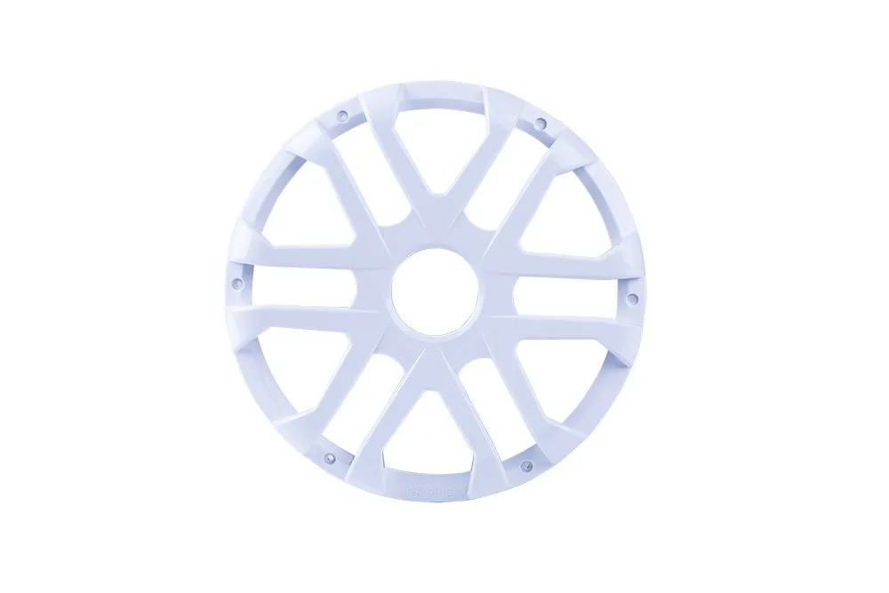 White plastic wheel hubcap with geometric design.