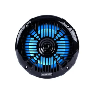 Black circular speaker with blue LED lights.