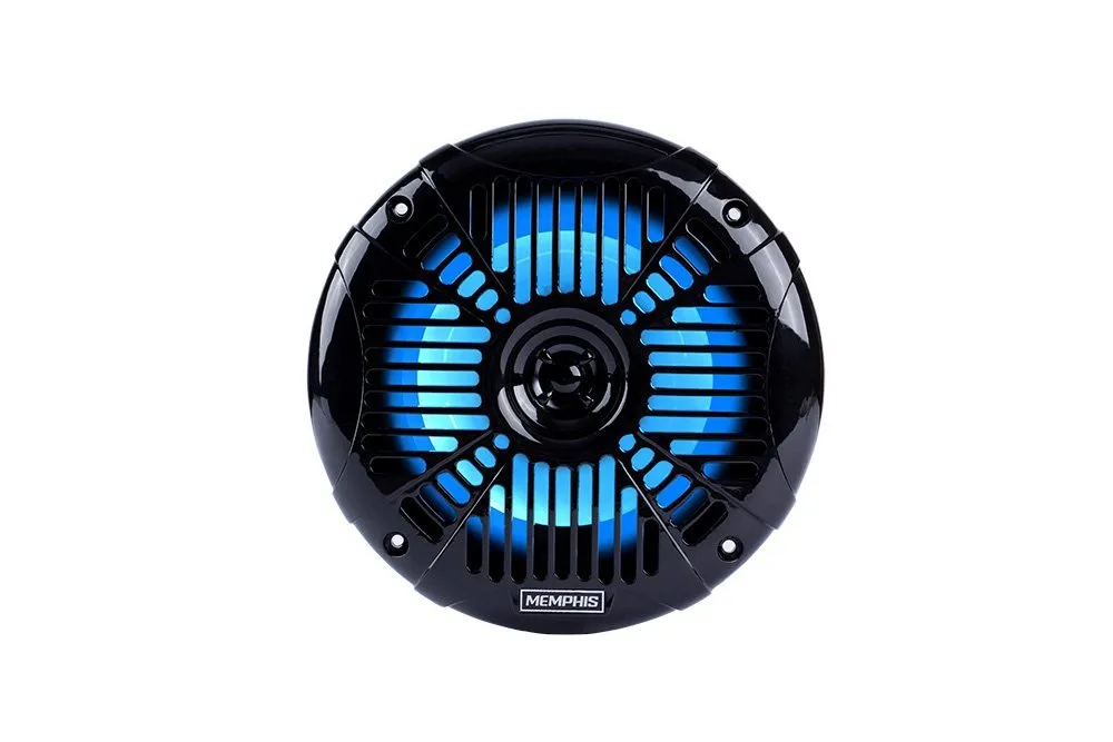 Black circular speaker with blue LED lights.