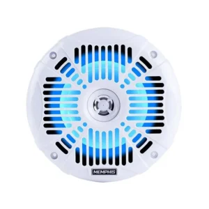 White speaker with blue LED lights.